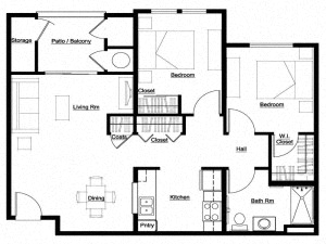 Floor plan for 2 beds, 1 bath, 909 sqft